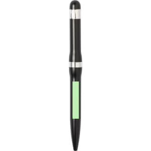 A black metal pen with a green highlighting section and a silver accent. It includes a logo on the body.