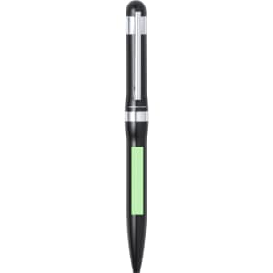 A metal pen in black with a green accent and a silver clip, featuring a logo on its body.
