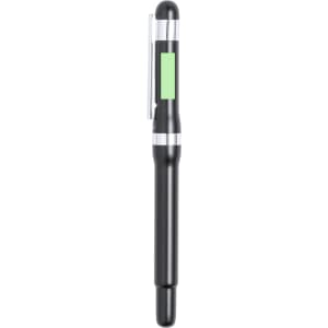 A metal pen in black with a green accent, featuring a chrome clip and button. It has a logo on its barrel.