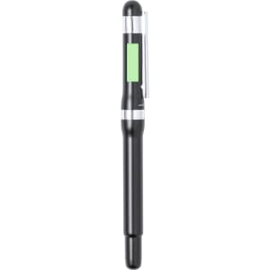 A black metal pen featuring a green section and a silver clip, also displaying a logo.