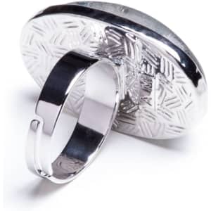 A silver adjustable ring with a textured, oval-shaped design. It features a polished finish and has a logo.