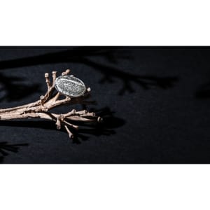 A silver adjustable ring with a textured surface displayed on a branch against a dark background.