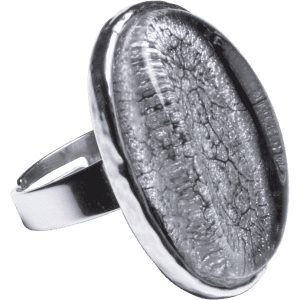 A silver adjustable ring featuring a large, textured oval stone with a cracked grey design.