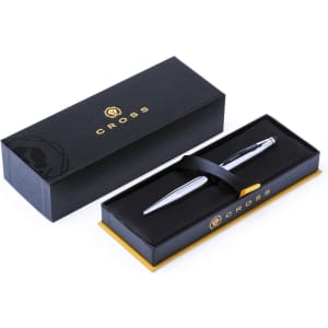 A silver stylus touch ball pen in a black and gold gift box with a logo.