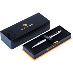 A silver stylus touch ball pen in a black box with a gold logo and a soft inner lining.