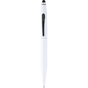 A white stylus ballpoint pen featuring a black accent and a logo on the side. Suitable for writing and touch screens.