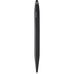 A black stylus touch ball pen with a sleek design and a logo on the side.