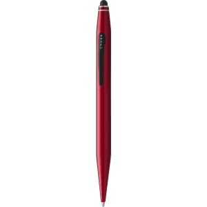 A red stylus touch ball pen with a sleek design and a logo on the side.