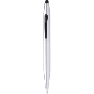 A silver stylus touch ball pen with a black tip and a branding logo on the side.