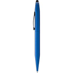 A blue stylus touch ball pen featuring a black clip and a branded logo.