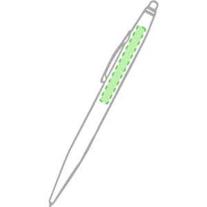 A stylus touch ball pen featuring a green grip, designed for dual functionality in writing and touch screen use.