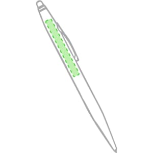 A white stylus touch ball pen with a green grip section and a logo on the barrel.