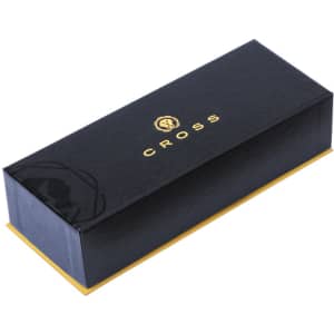 A sleek black gift box with gold branding, designed to hold a metal pen. The interior features a contrasting yellow colour.