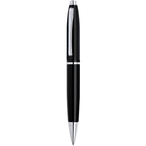 A metal pen in black with silver accents and a clip, featuring a sleek design and a branding logo.