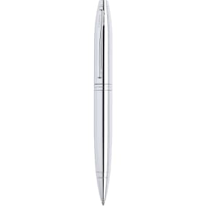 A metal pen in a shiny silver finish with a sleek, modern design and a clip for easy attachment.