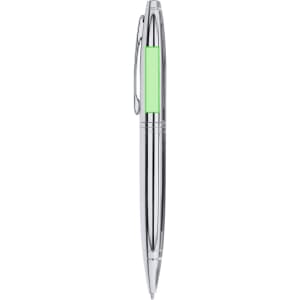 A silver metal pen with a green accent, featuring a clip and sleek design. It has a logo on the body.