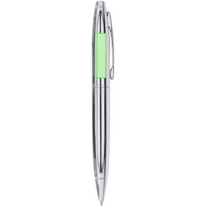 A metal pen with a glossy silver finish and a green accent, featuring a clip and a sleek design.