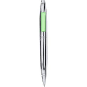 A metal pen with a shiny silver finish and a bright green accent. It features a branding logo.