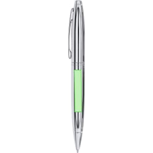 A metallic pen with a shiny chrome finish and a green accent in the centre. It features a clip and brand logo.