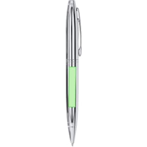 A metal pen with a chrome finish and a green accent in the centre. It features a clip for easy attachment.
