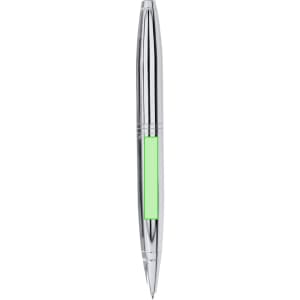A sleek silver metal pen with a green accent and a clip, featuring a branding logo on the side.