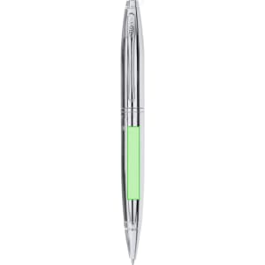 A metallic pen with a shiny silver finish and a green grip section, featuring a logo.