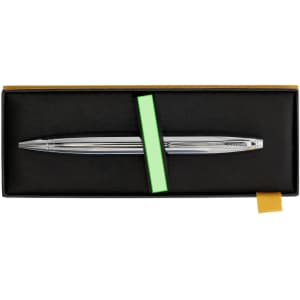 A metal pen in a gift box, featuring a sleek silver design and a logo, positioned with a green insert.