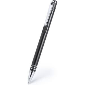 A black metal pen with silver accents and a clip, featuring a sleek design and a logo.