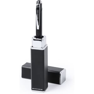 A metallic black pen with a shiny silver clip, presented in a rectangular case. The pen has a logo at the base.