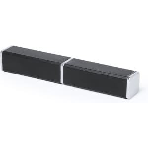A stylish black metal pen with a silver accent, presented in a sleek rectangular shape. It features a minimalist design and branding.