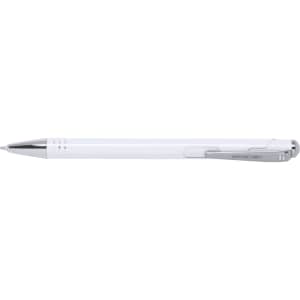 A white metal pen with a chrome clip and tip, featuring a sleek design and a branding logo.