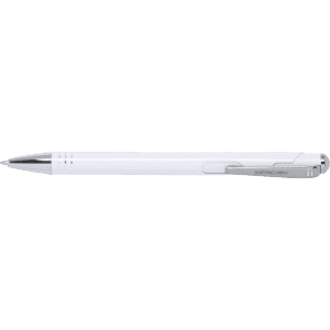 A white metal pen with silver accents and a clip, featuring a logo on its side.