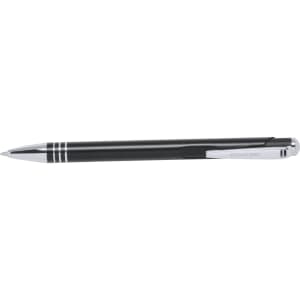A black metal pen with silver accents and a clip, featuring a logo on the barrel.