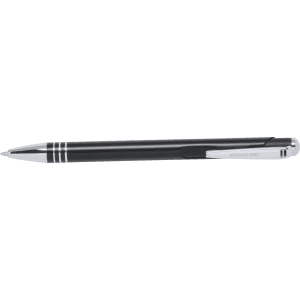 A metal pen in black with chrome accents and a logo on the clip.