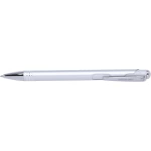 A metal pen in white with a chrome clip and nib, featuring a logo. Ideal for writing.