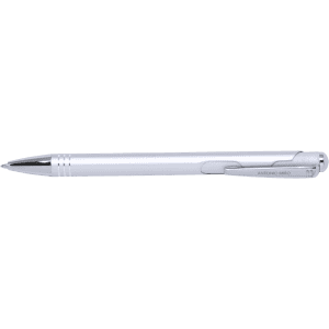 A silver metal pen featuring a sleek design and a clip. The pen has a branded logo on its side.