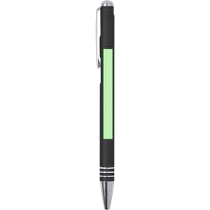 A metal pen with a black body and a green rectangular accent, featuring a clip and silver detailing.