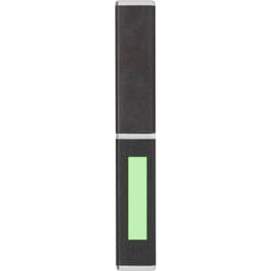 A metal pen featuring a sleek black design with a green accent. The pen has a modern, minimalist look.