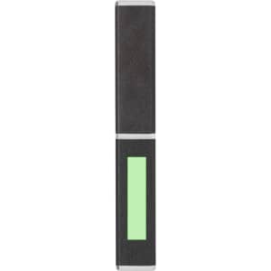 A black metal pen with a green accent and a logo. The pen has a sleek, modern design.