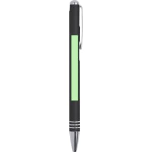A metal pen in black with a green accent and chrome detailing. It features a clip for easy attachment.