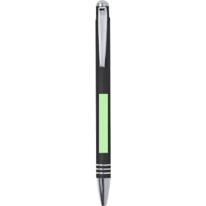 A metal pen in black with a green accent and a silver clip, featuring a branding logo.