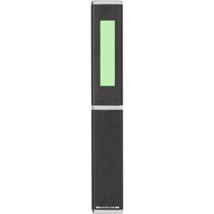 A metal pen in black with a green section and a logo. It has a sleek, modern design suitable for writing.