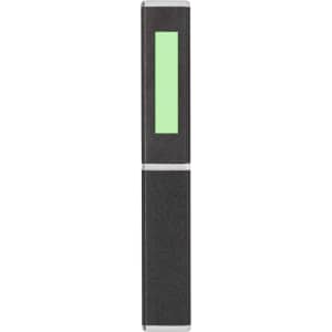 A sleek black metal pen with a green accent, featuring a logo on the side.