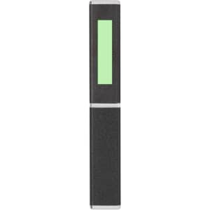 A metal pen in black with a green accent, featuring a sleek design and a brand logo.