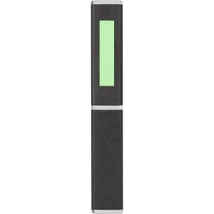 A metal pen in black with a green accent, featuring a logo on its surface.