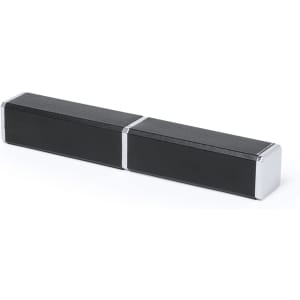 A sleek black metal pen with silver accents, featuring a simple design and a logo.