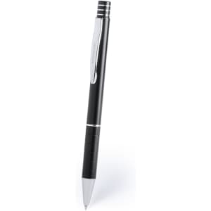 A metal pen in black with a textured grip and silver accents, featuring a logo on the side.