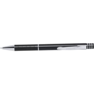 A black metal pen with a silver clip and accents, featuring a sleek design and a branding logo.