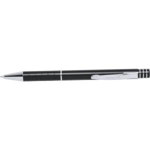 A black metal pen with silver accents and a logo on the side, designed for writing purposes.