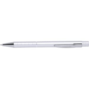 A silver metal pen with a sleek design and a clip, featuring a glossy finish and black ink tip.